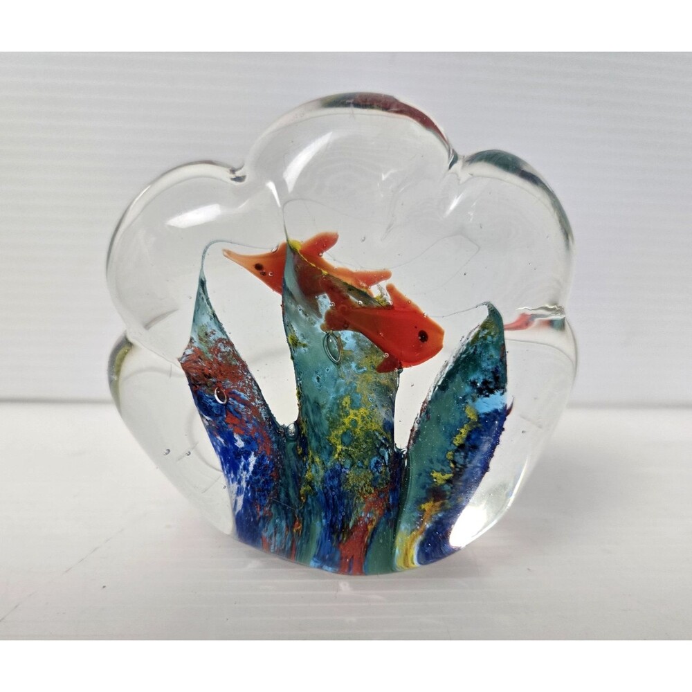 Vintage Murano Style Art Glass Aquarium Paperweight Scallop Shape Orange Fish 3"